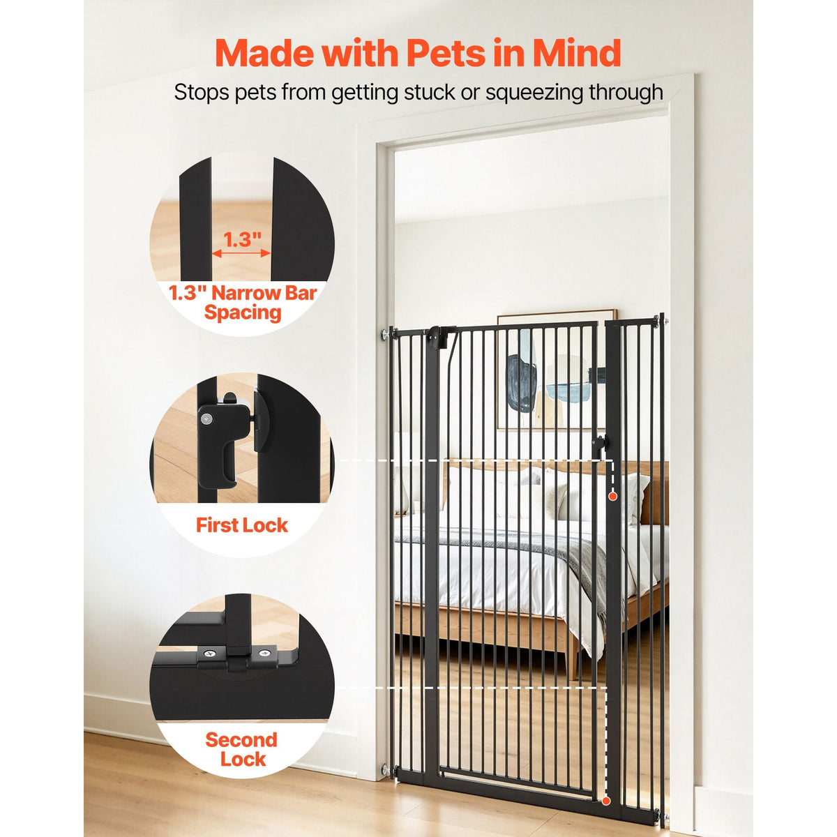 Extra Tall Pet Gate for Cats, 29-41 in Adjustable Width, 56 in High Dog Gate, with Pressure Mount Kit and Wall Mount Kit, 1.3 in Narrow Bar Spacing, for Stairs, Doorways, and House, Black