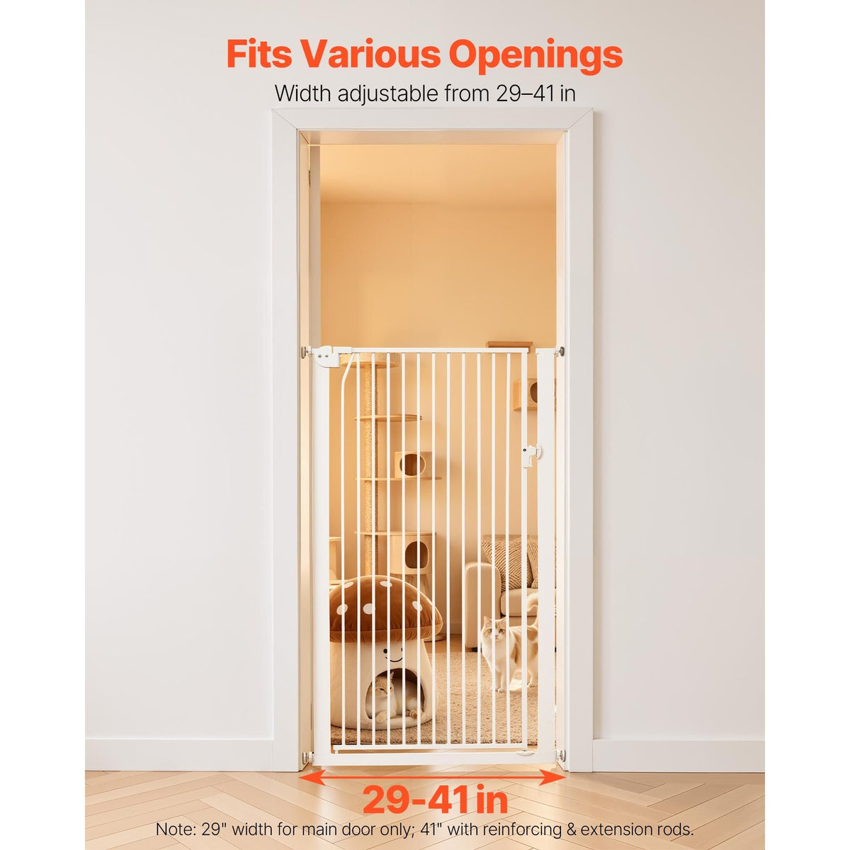 Extra Tall Pet Gate for Cats, 29-41 in Adjustable Width, 56 in High Dog Gate, with Pressure Mount Kit and Wall Mount Kit, 1.3 in Narrow Bar Spacing, for Stairs, Doorways, and House, White