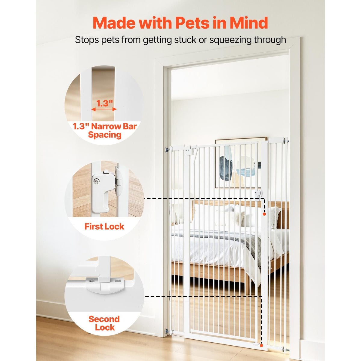 Extra Tall Pet Gate for Cats, 29-41 in Adjustable Width, 56 in High Dog Gate, with Pressure Mount Kit and Wall Mount Kit, 1.3 in Narrow Bar Spacing, for Stairs, Doorways, and House, White