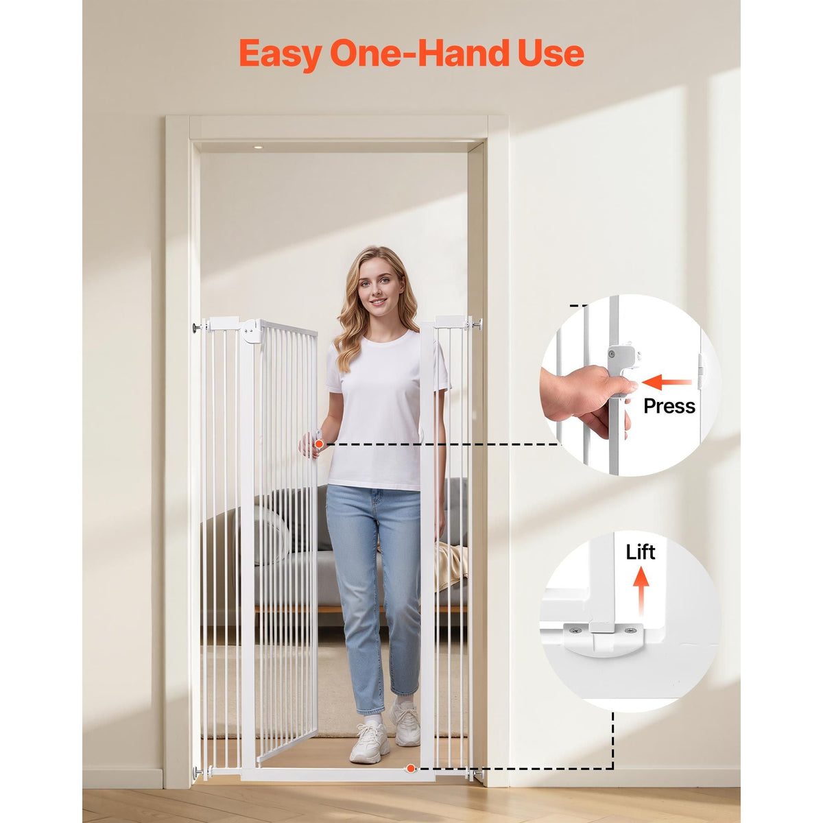 Extra Tall Pet Gate for Cats, 29-41 in Adjustable Width, 56 in High Dog Gate, with Pressure Mount Kit and Wall Mount Kit, 1.3 in Narrow Bar Spacing, for Stairs, Doorways, and House, White