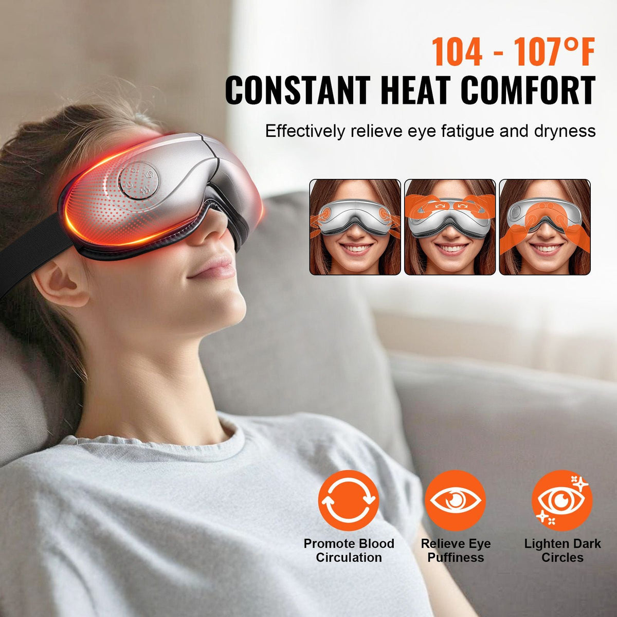 Eye Massager with Heat, Heated Eye Massage Mask with 5 Modes and Bluetooth Music, 180° Foldable Eye Care Massager for Migraines, Eye Strain, Dark Circles, Ideal Gift for Mom/Dad, Gray