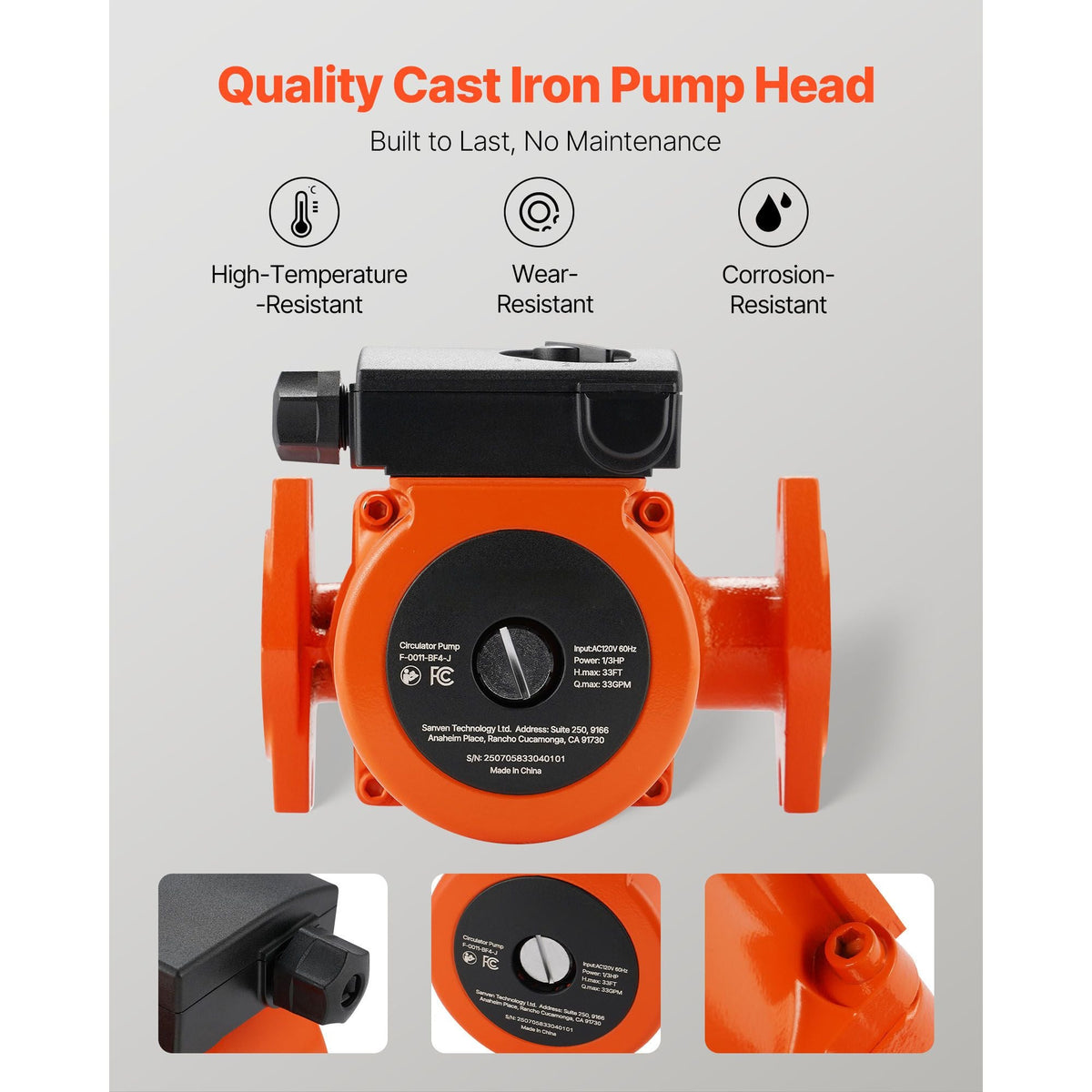 F-0011-BF4-J Cast Iron Circulator Pump, 33 GPM, AC 120V 33 ft Hot Water Recirculating Circulation Pump, 1-1/4 in Flange Connection, 3-Speed Adjustment, Quiet Operation, for Home Heating System