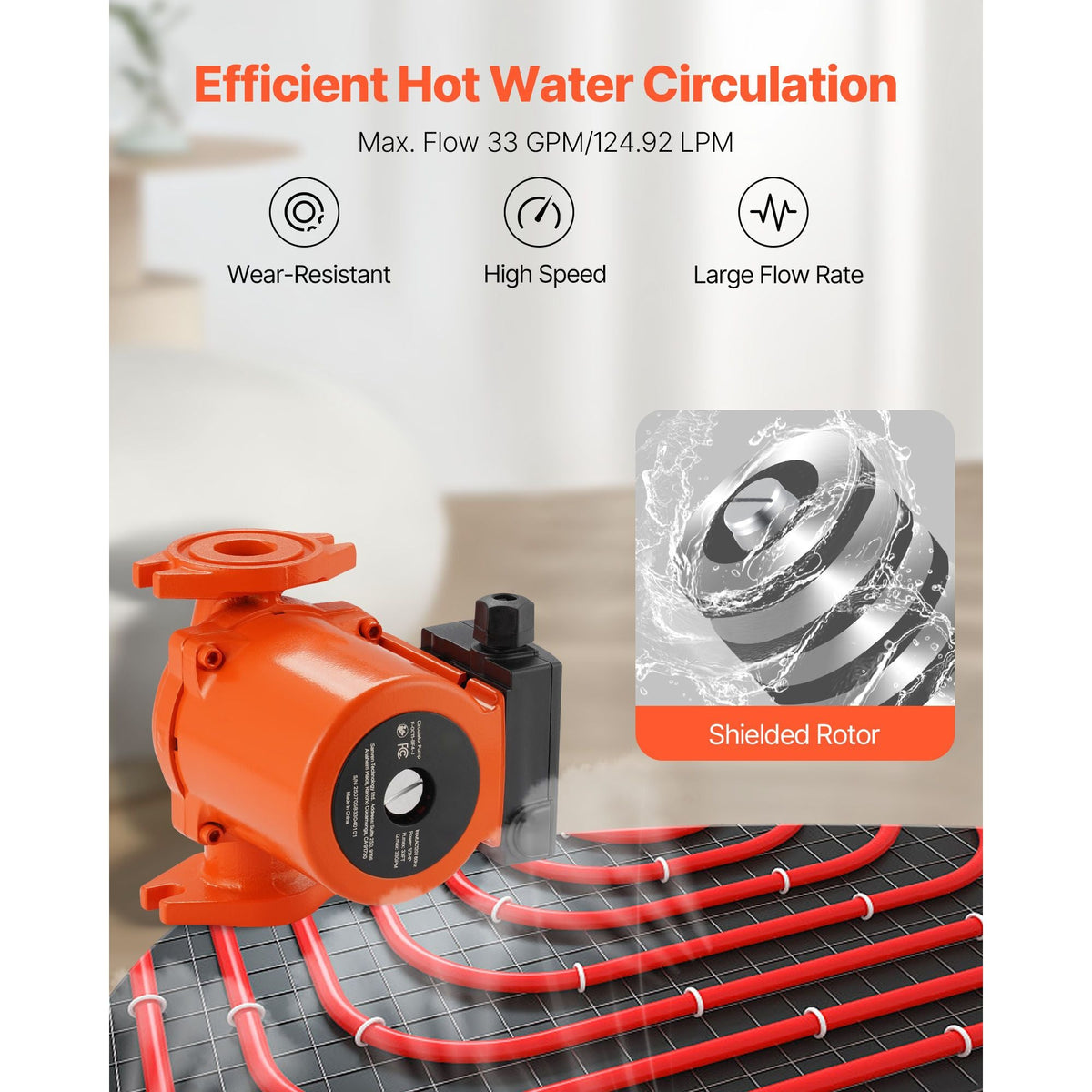 F-0011-BF4-J Cast Iron Circulator Pump, 33 GPM, AC 120V 33 ft Hot Water Recirculating Circulation Pump, 1-1/4 in Flange Connection, 3-Speed Adjustment, Quiet Operation, for Home Heating System