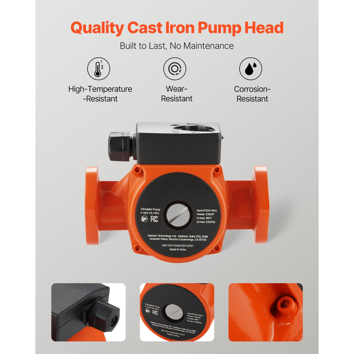 F-007-F5-71FC Cast Iron Circulator Pump, 23 GPM, AC 120V 16 ft Hot Water Recirculating Circulation Pump, 1-Inch Flange Connection, 3-Speed Adjustment, Quiet Operation, for Home Heating System