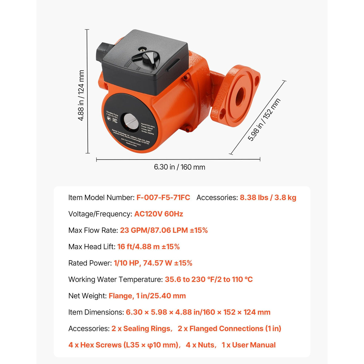 F-007-F5-71FC Cast Iron Circulator Pump, 23 GPM, AC 120V 16 ft Hot Water Recirculating Circulation Pump, 1-Inch Flange Connection, 3-Speed Adjustment, Quiet Operation, for Home Heating System