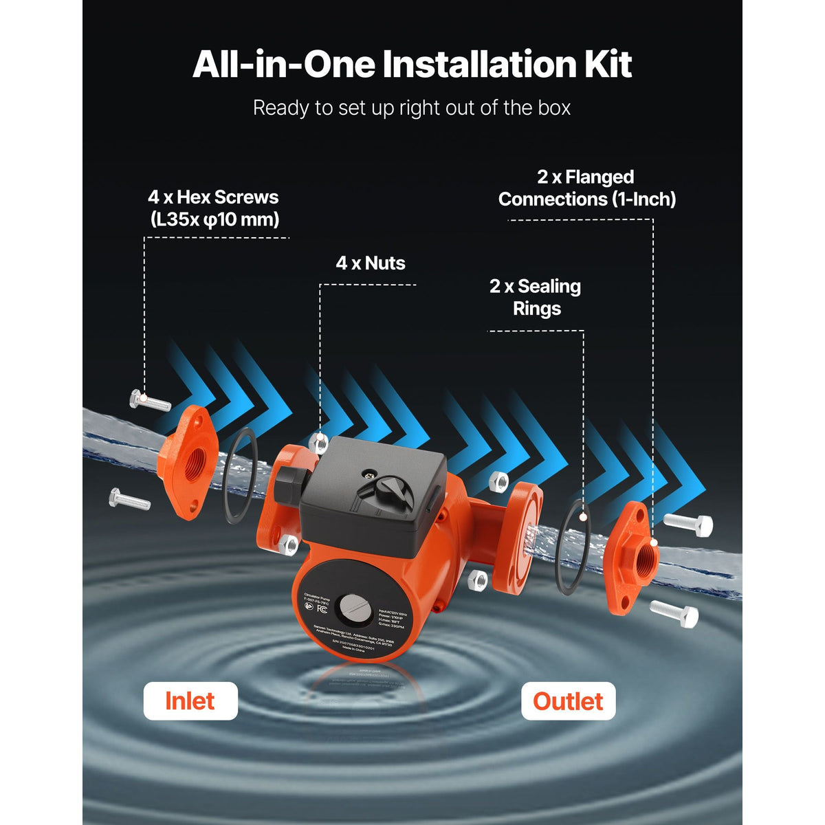 F-007-F5-71FC Cast Iron Circulator Pump, 23 GPM, AC 120V 16 ft Hot Water Recirculating Circulation Pump, 1-Inch Flange Connection, 3-Speed Adjustment, Quiet Operation, for Home Heating System