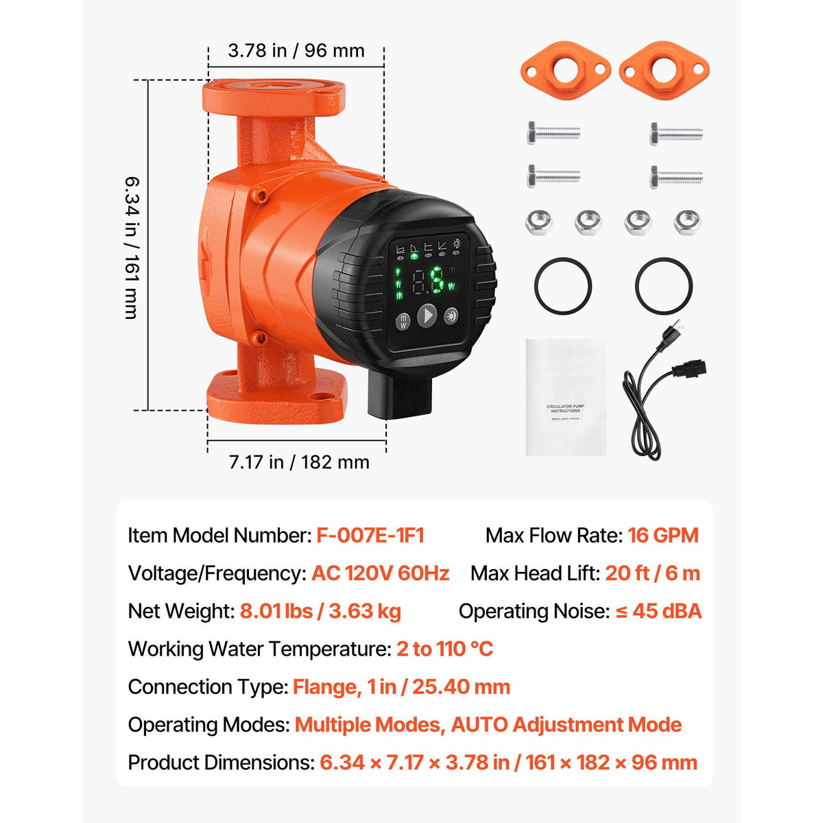 F-007E-1F1 High Efficiency Circulator Pump, 16 GPM, 120V 20 ft Cast Iron Hot Water Recirculating Circulation Pump, 1 in Flange Connection, Check Valve, Quiet Operation, for Home Heating System