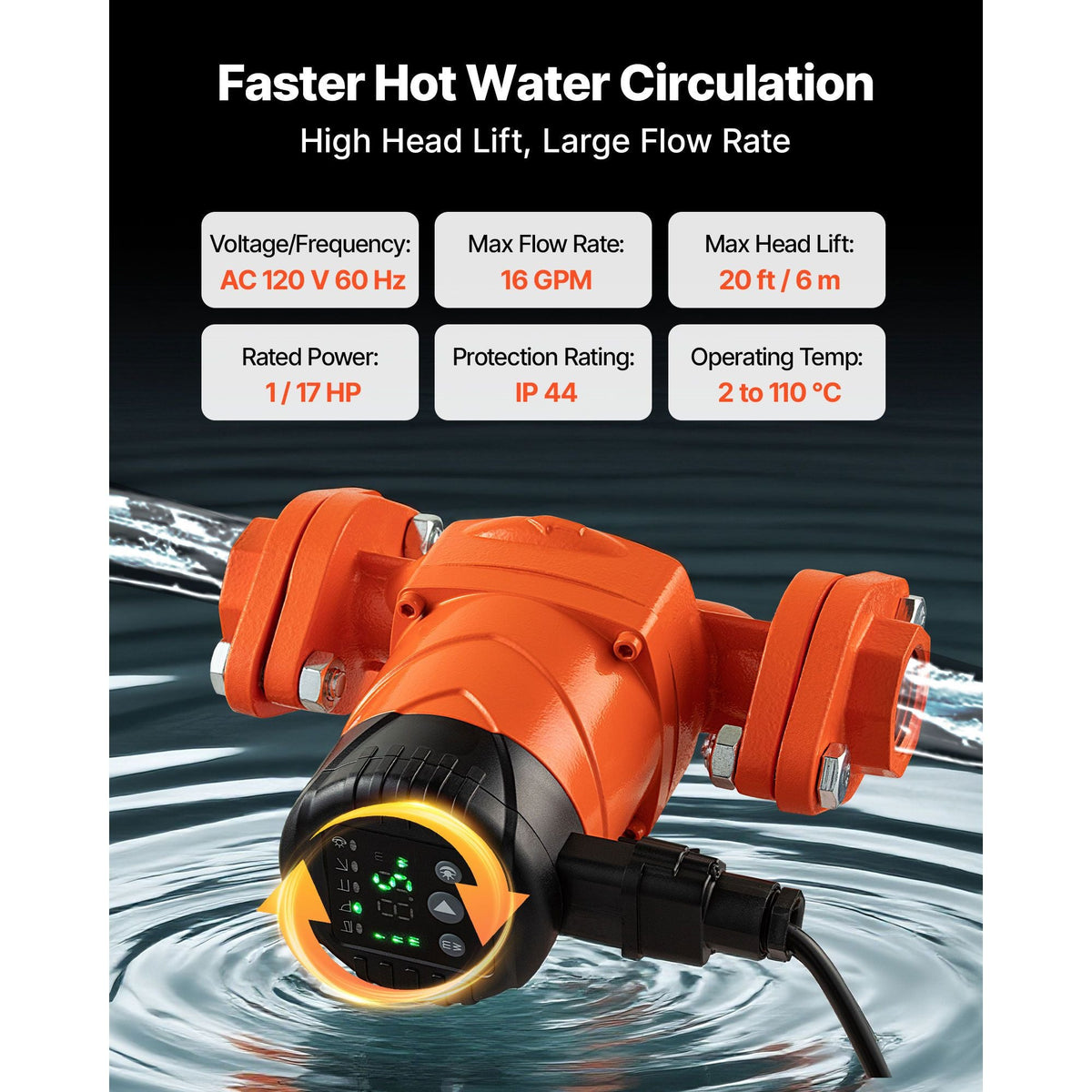 F-007E-1F1 High Efficiency Circulator Pump, 16 GPM, 120V 20 ft Cast Iron Hot Water Recirculating Circulation Pump, 1 in Flange Connection, Check Valve, Quiet Operation, for Home Heating System