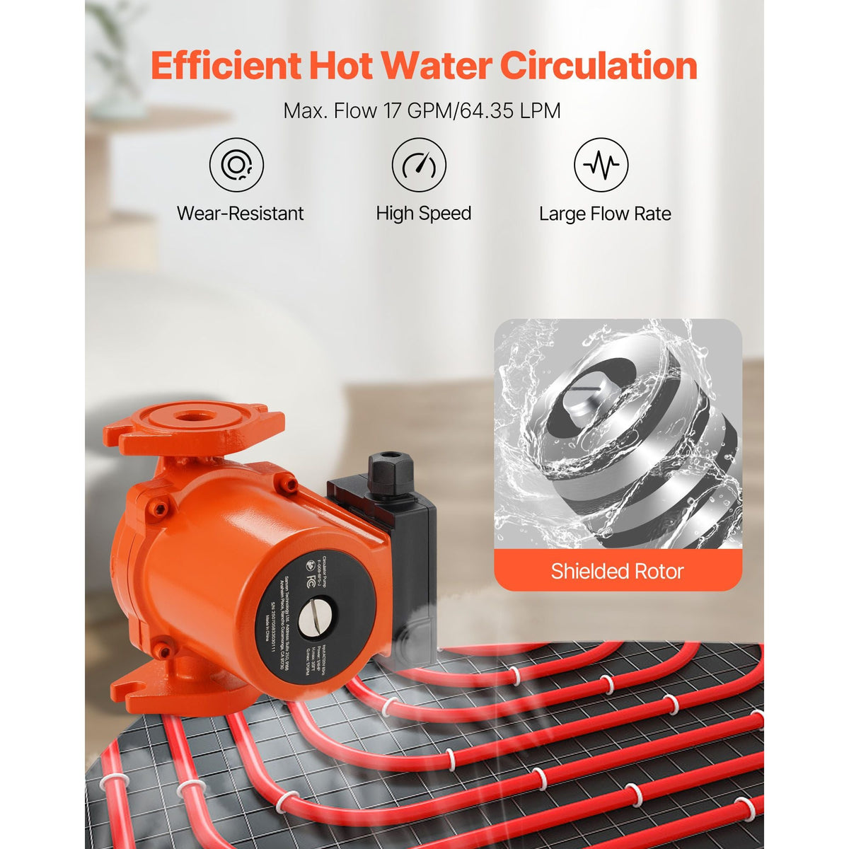 F-009-BF5-J Cast Iron Circulator Pump, 17 GPM, AC 120V 35 ft Hot Water Recirculating Circulation Pump, 3/4-Inch Flange Connection, 3-Speed Adjustment, Quiet Operation, for Home Heating System