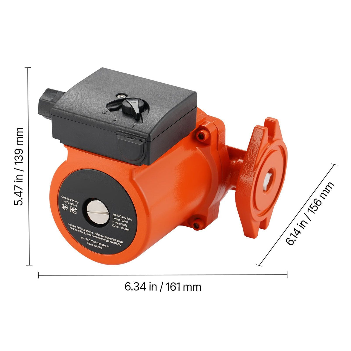 F-009-BF5-J Cast Iron Circulator Pump, 17 GPM, AC 120V 35 ft Hot Water Recirculating Circulation Pump, 3/4-Inch Flange Connection, 3-Speed Adjustment, Quiet Operation, for Home Heating System
