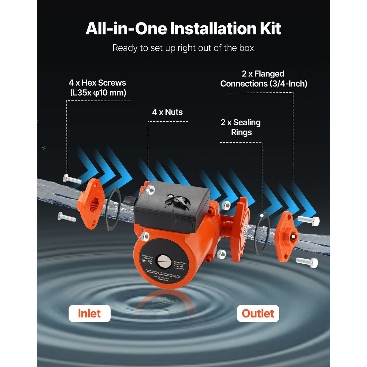 F-009-BF5-J Cast Iron Circulator Pump, 17 GPM, AC 120V 35 ft Hot Water Recirculating Circulation Pump, 3/4-Inch Flange Connection, 3-Speed Adjustment, Quiet Operation, for Home Heating System