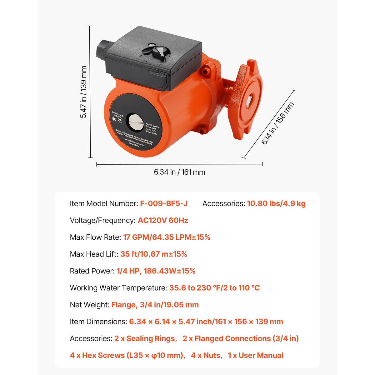 F-009-BF5-J Cast Iron Circulator Pump, 17 GPM, AC 120V 35 ft Hot Water Recirculating Circulation Pump, 3/4-Inch Flange Connection, 3-Speed Adjustment, Quiet Operation, for Home Heating System