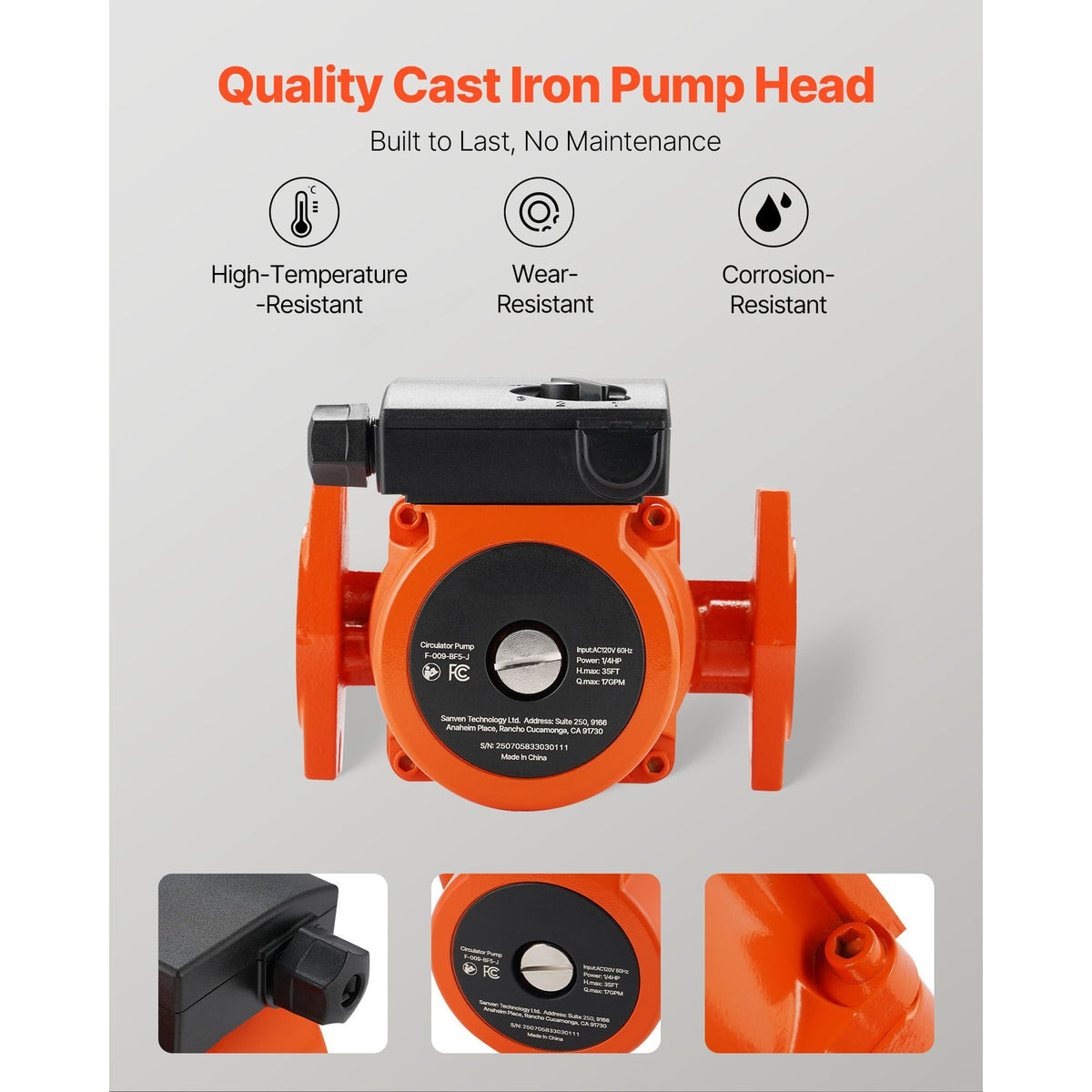 F-009-BF5-J Cast Iron Circulator Pump, 17 GPM, AC 120V 35 ft Hot Water Recirculating Circulation Pump, 3/4-Inch Flange Connection, 3-Speed Adjustment, Quiet Operation, for Home Heating System