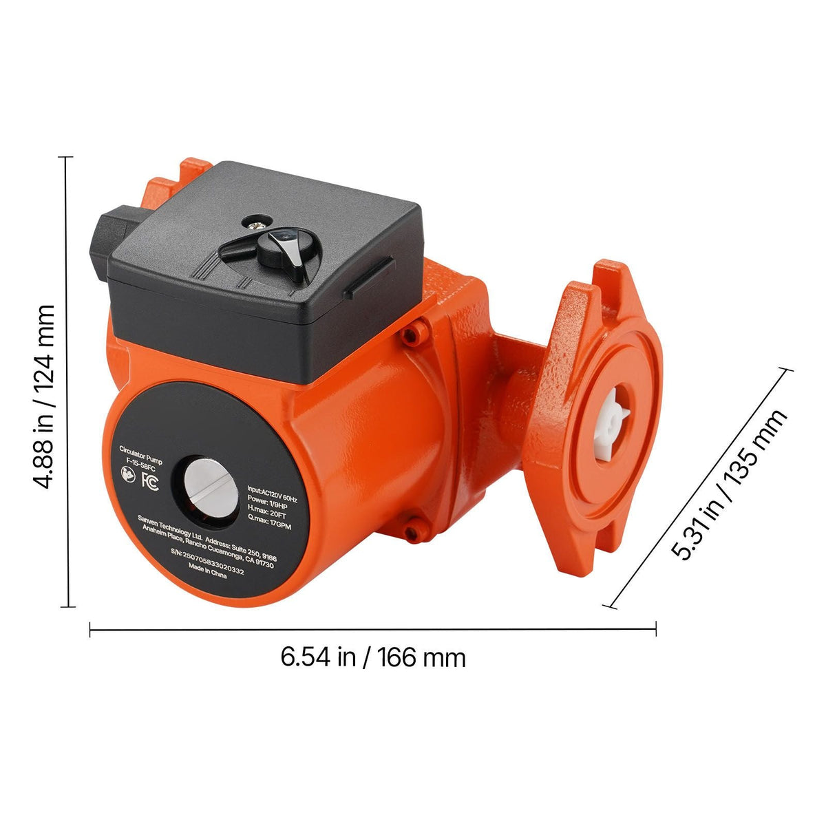 F-15-58FC Cast Iron Circulator Pump, 17 GPM, AC 120V 20 ft Hot Water Recirculating Circulation Pump, 1-Inch Flange Connection, 3-Speed Adjustment, Quiet Operation, for Home Water Heating System