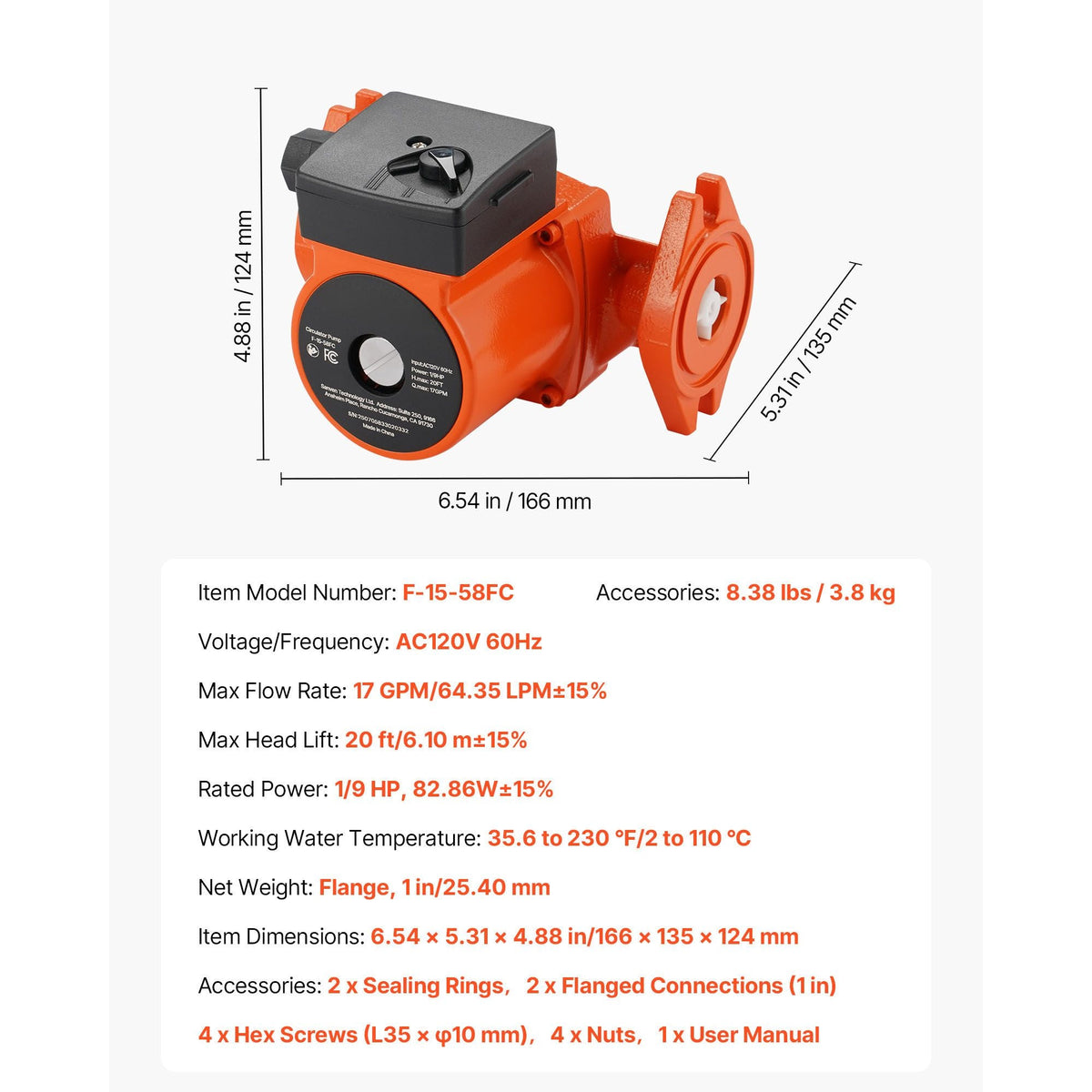 F-15-58FC Cast Iron Circulator Pump, 17 GPM, AC 120V 20 ft Hot Water Recirculating Circulation Pump, 1-Inch Flange Connection, 3-Speed Adjustment, Quiet Operation, for Home Water Heating System