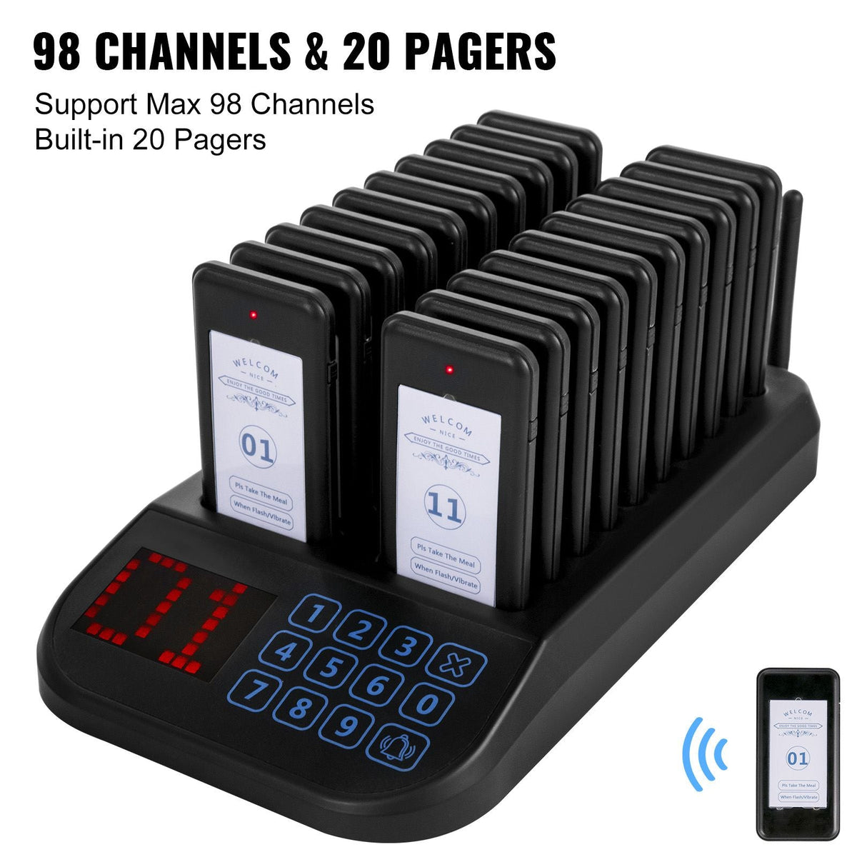 F103 Restaurant Pager System 20 Pagers, Max 98 Beepers Wireless Calling System, Touch Keyboard with Vibration, Flashing and Buzzer for Church, Nurse,Hospital & Hotel