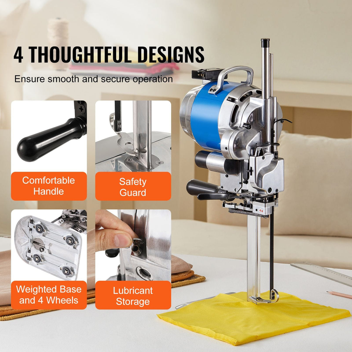 Fabric Cutter, 750W High-Speed Straight Knife Cloth Cutting Machine, 9.8" Alloy Steel Blade, Industrial Fabric Cutting Machine with Automatic Knife Sharpen, for Multilayer Fabric Leather Cloth
