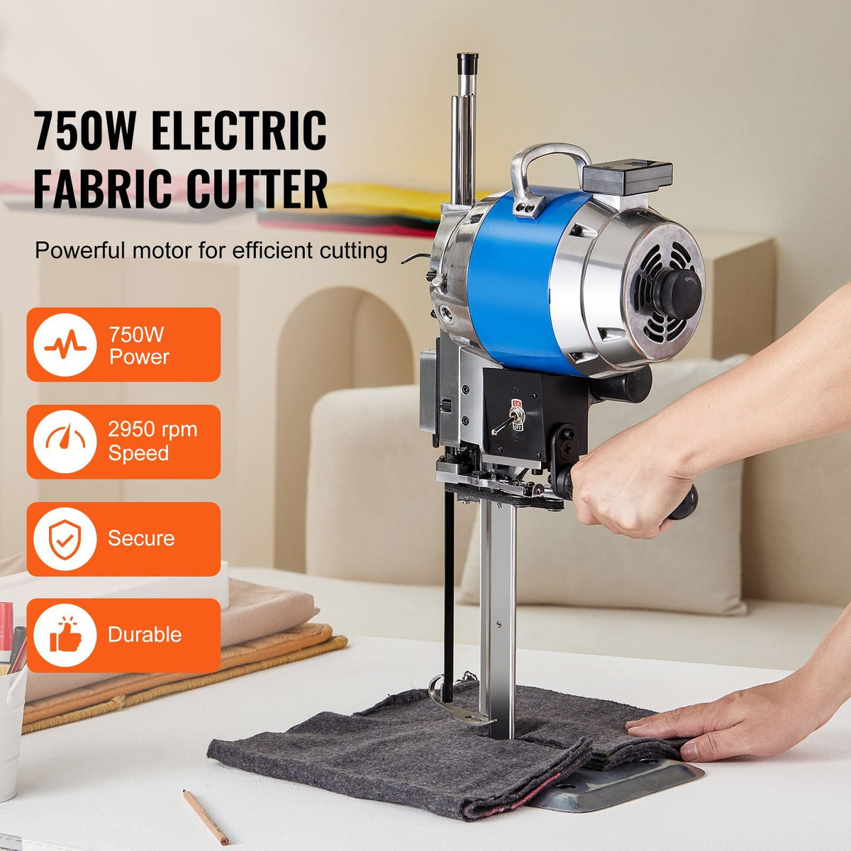 Fabric Cutter, 750W High-Speed Straight Knife Cloth Cutting Machine, 9.8" Alloy Steel Blade, Industrial Fabric Cutting Machine with Automatic Knife Sharpen, for Multilayer Fabric Leather Cloth