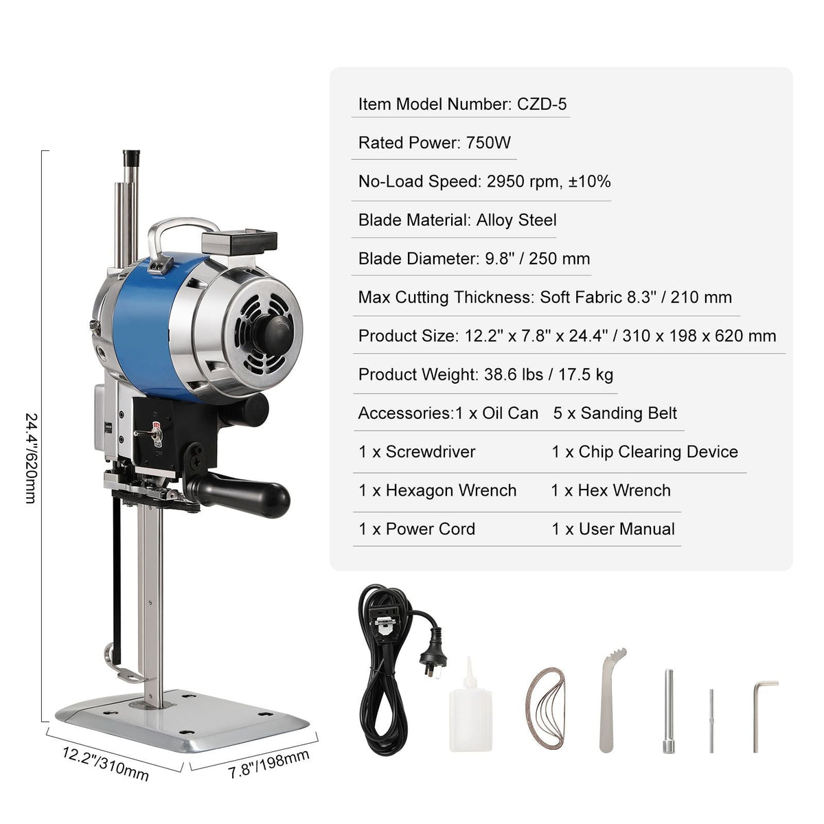 Fabric Cutter, 750W High-Speed Straight Knife Cloth Cutting Machine, 9.8" Alloy Steel Blade, Industrial Fabric Cutting Machine with Automatic Knife Sharpen, for Multilayer Fabric Leather Cloth