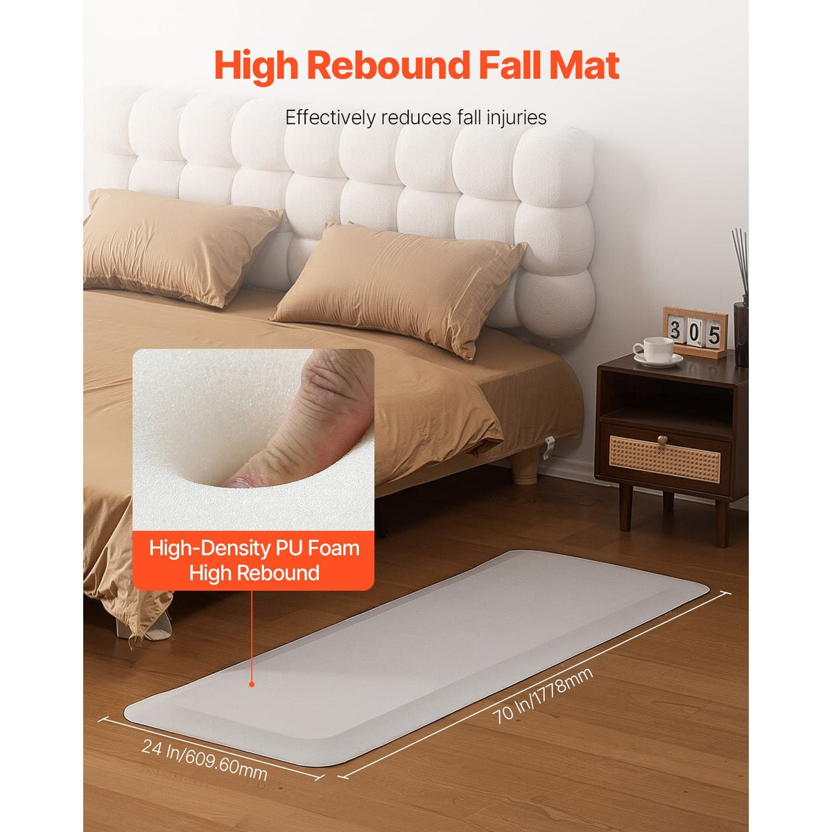 Fall Mat for Elderly, 1-inch Thickened Fall Prevention Pad with Beveled Edge, Anti-Slip Bedside Safety Floor Mat for Seniors, Handicaps, Patients (24 x 70 inch)