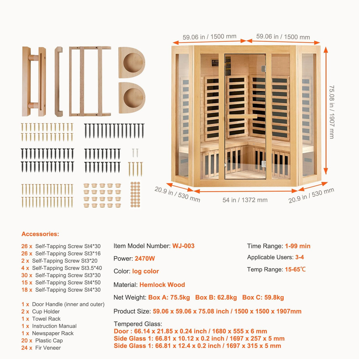 Far Infrared Wooden Sauna, Room Home Sauna Spa for 3 to 4 Person, Low EMF Far Infrared Hemlock Wood Sauna with Tempered Glass Door & Bluetooth Speakers & Chromotherapy Lights, 2470W Indoor