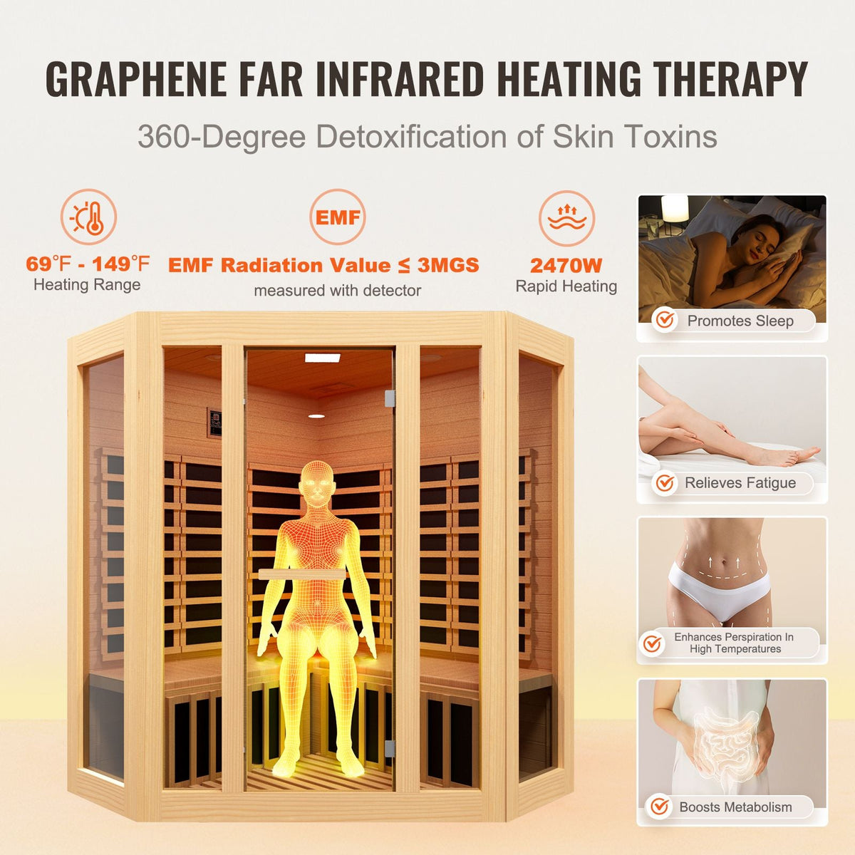 Far Infrared Wooden Sauna, Room Home Sauna Spa for 3 to 4 Person, Low EMF Far Infrared Hemlock Wood Sauna with Tempered Glass Door & Bluetooth Speakers & Chromotherapy Lights, 2470W Indoor