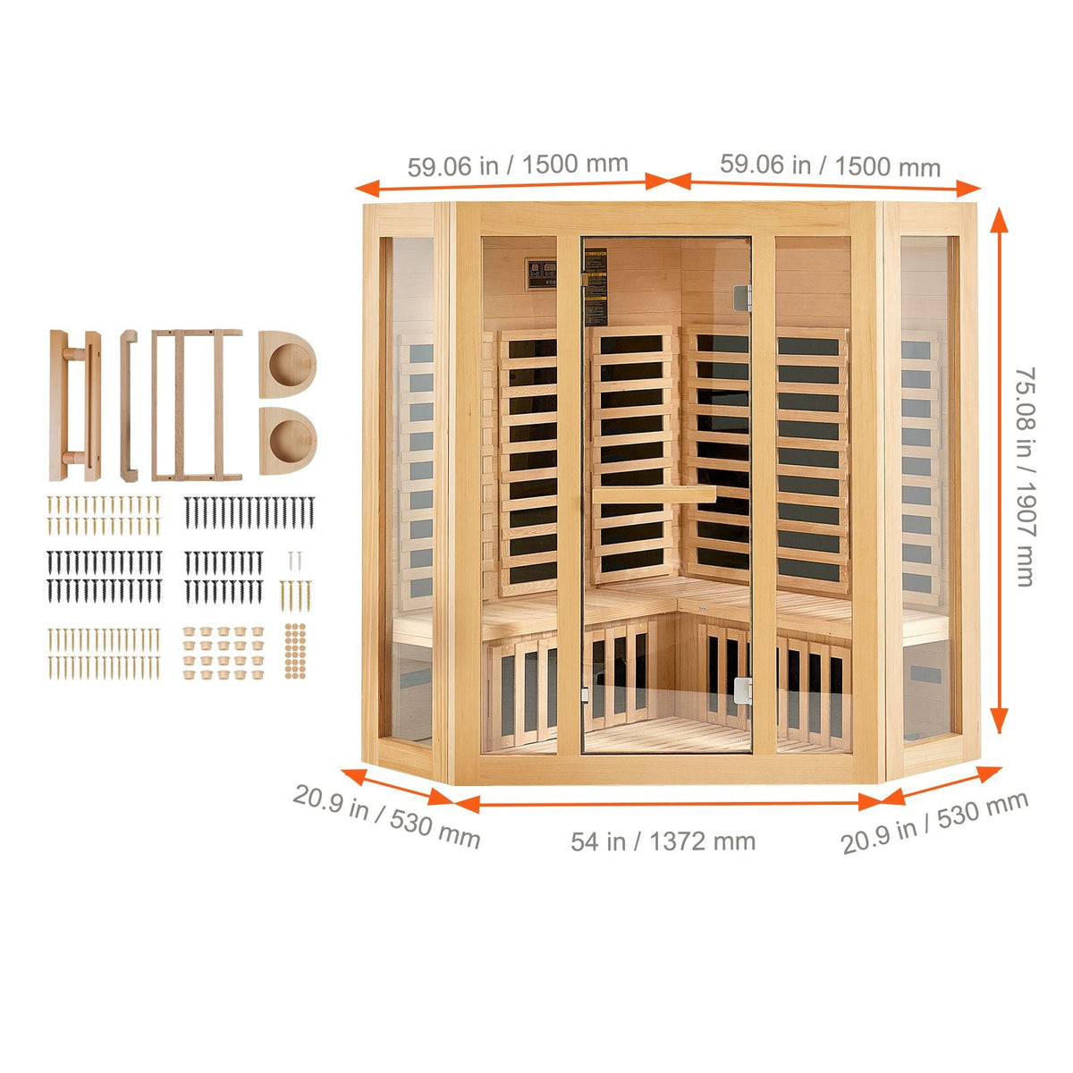 Far Infrared Wooden Sauna, Room Home Sauna Spa for 3 to 4 Person, Low EMF Far Infrared Hemlock Wood Sauna with Tempered Glass Door & Bluetooth Speakers & Chromotherapy Lights, 2470W Indoor