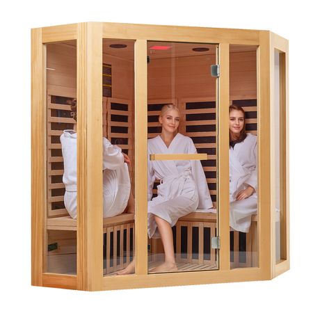Far Infrared Wooden Sauna, Room Home Sauna Spa for 3 to 4 Person, Low EMF Far Infrared Hemlock Wood Sauna with Tempered Glass Door & Bluetooth Speakers & Chromotherapy Lights, 2470W Indoor