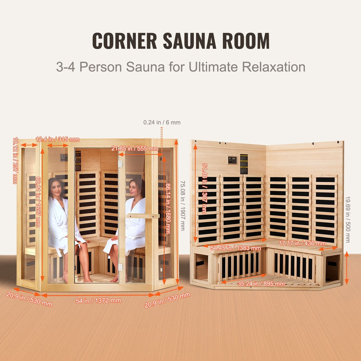 Far Infrared Wooden Sauna, Room Home Sauna Spa for 3 to 4 Person, Low EMF Far Infrared Hemlock Wood Sauna with Tempered Glass Door & Bluetooth Speakers & Chromotherapy Lights, 2470W Indoor