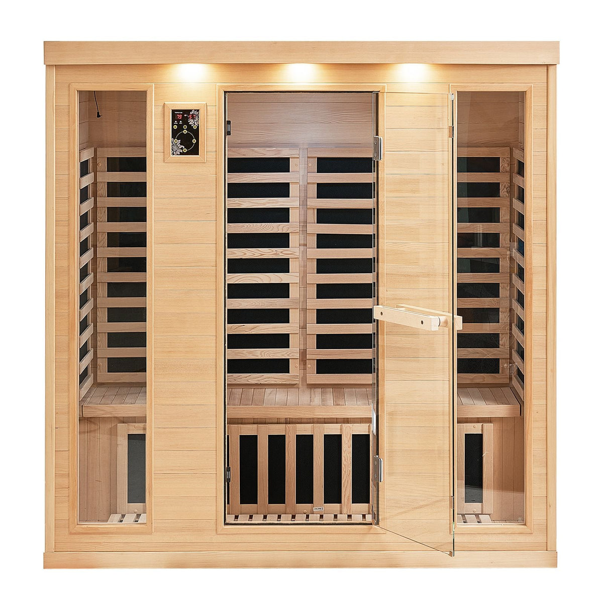 Far Infrared Wooden Sauna, Room Home Sauna Spa for 3 to 4 Person, Low EMF Far Infrared Hemlock Wood Sauna with Tempered Glass Door & Bluetooth Speakers & Chromotherapy Lights, 2580W Indoor