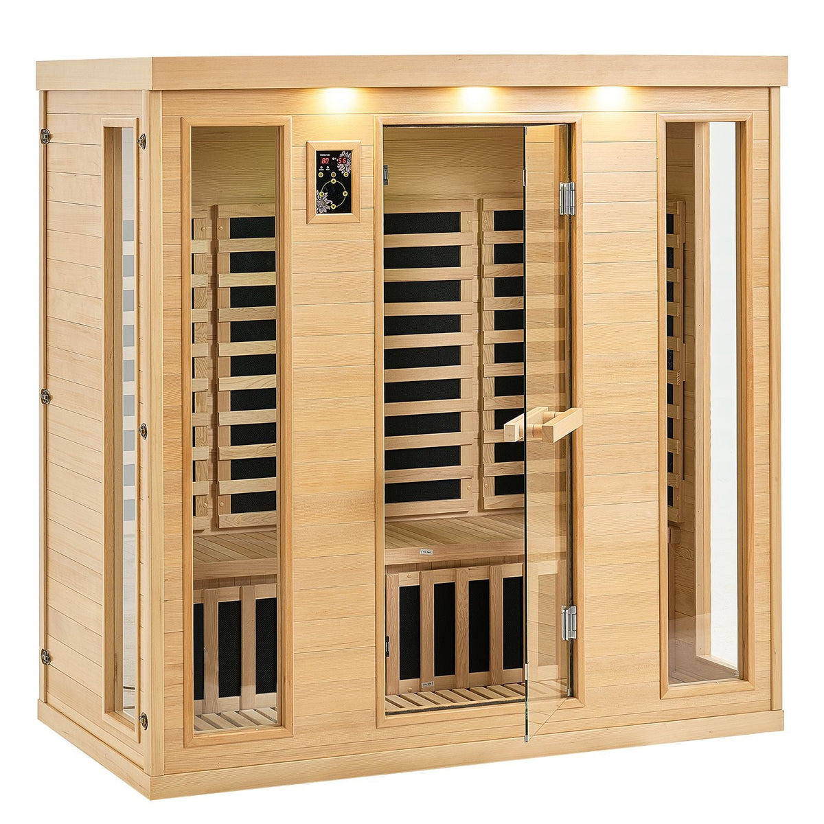 Far Infrared Wooden Sauna, Room Home Sauna Spa for 3 to 4 Person, Low EMF Far Infrared Hemlock Wood Sauna with Tempered Glass Door & Bluetooth Speakers & Chromotherapy Lights, 2580W Indoor