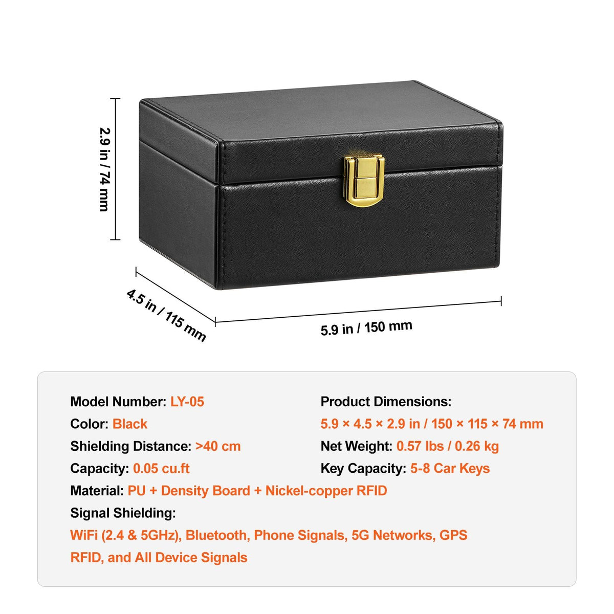 Faraday Box, PU Leather Signal Blocking Holde, Keyless Fob Protector Shielding for WiFi, RFID, GPS, Bluetooth & 5G, Anti-Theft Box and Anti-Hacking Case Blocker, Black(5.9 x 4.5 x 2.9")