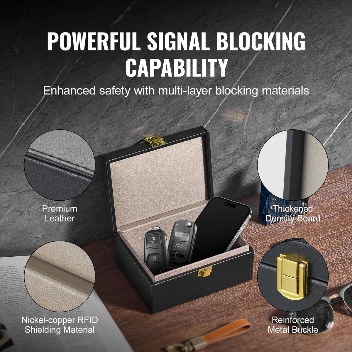 Faraday Box, PU Leather Signal Blocking Holde, Keyless Fob Protector Shielding for WiFi, RFID, GPS, Bluetooth & 5G, Anti-Theft Box and Anti-Hacking Case Blocker, Black(5.9 x 4.5 x 2.9")
