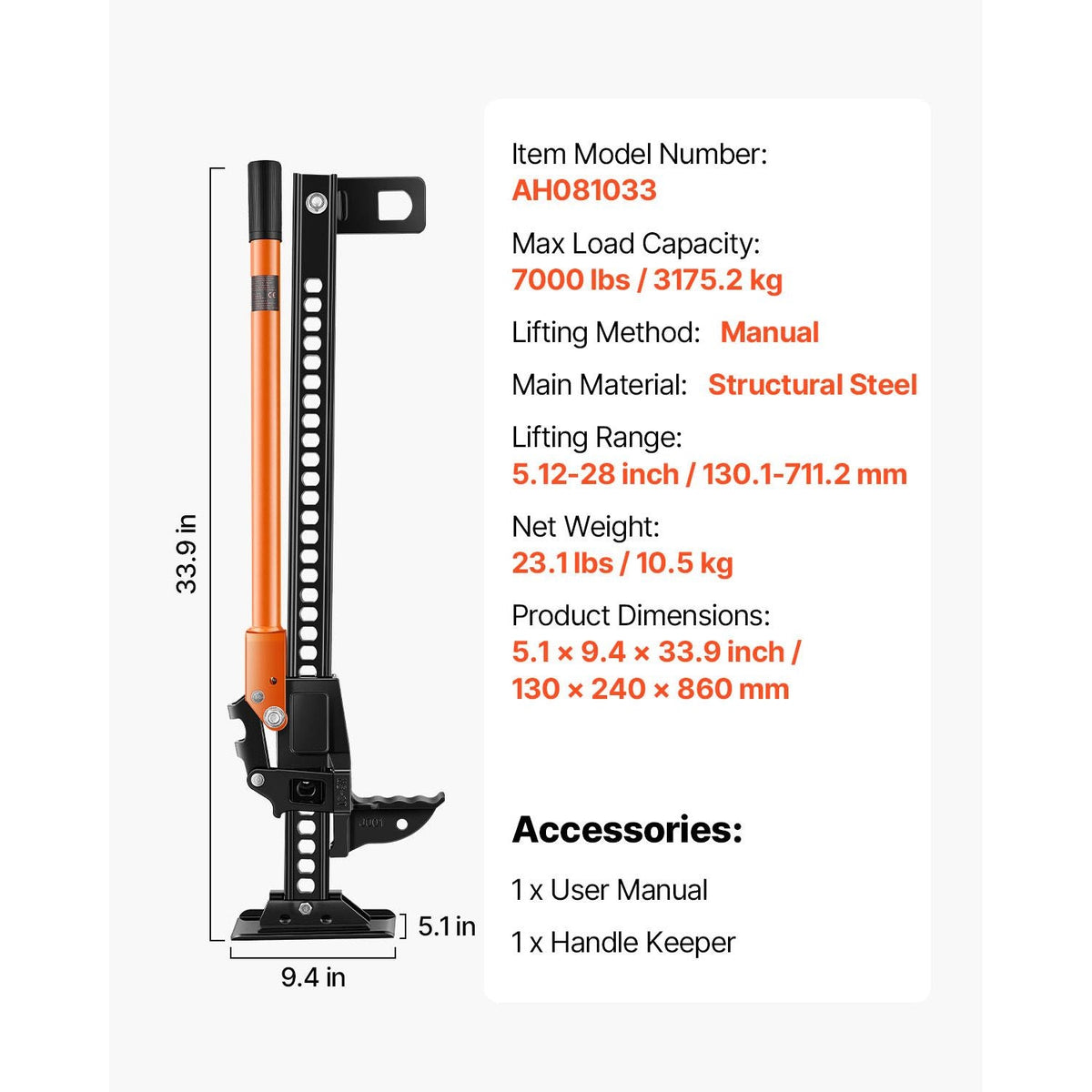 Farm Jack, 34" Utility High Lift Farm Jack, 3.18 Ton (7,000 lbs) Capacity Ratcheting Off Road Utility Jacks, Heavy-Duty Lift Jacks with 5.12"-28" Lifting Range for Tractor, Truck, SUV