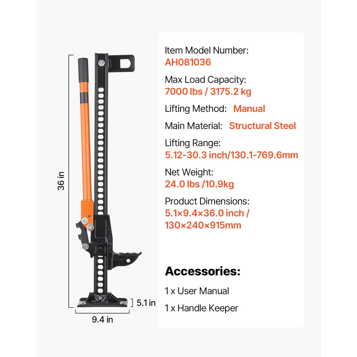 Farm Jack, 36" Utility High Lift Farm Jack, 3.18 Ton (7,000 lbs) Capacity Ratcheting Off Road Utility Jacks, Heavy-Duty Lift Jacks with 5.12"-30.3" Lifting Range for Tractor, Truck, SUV