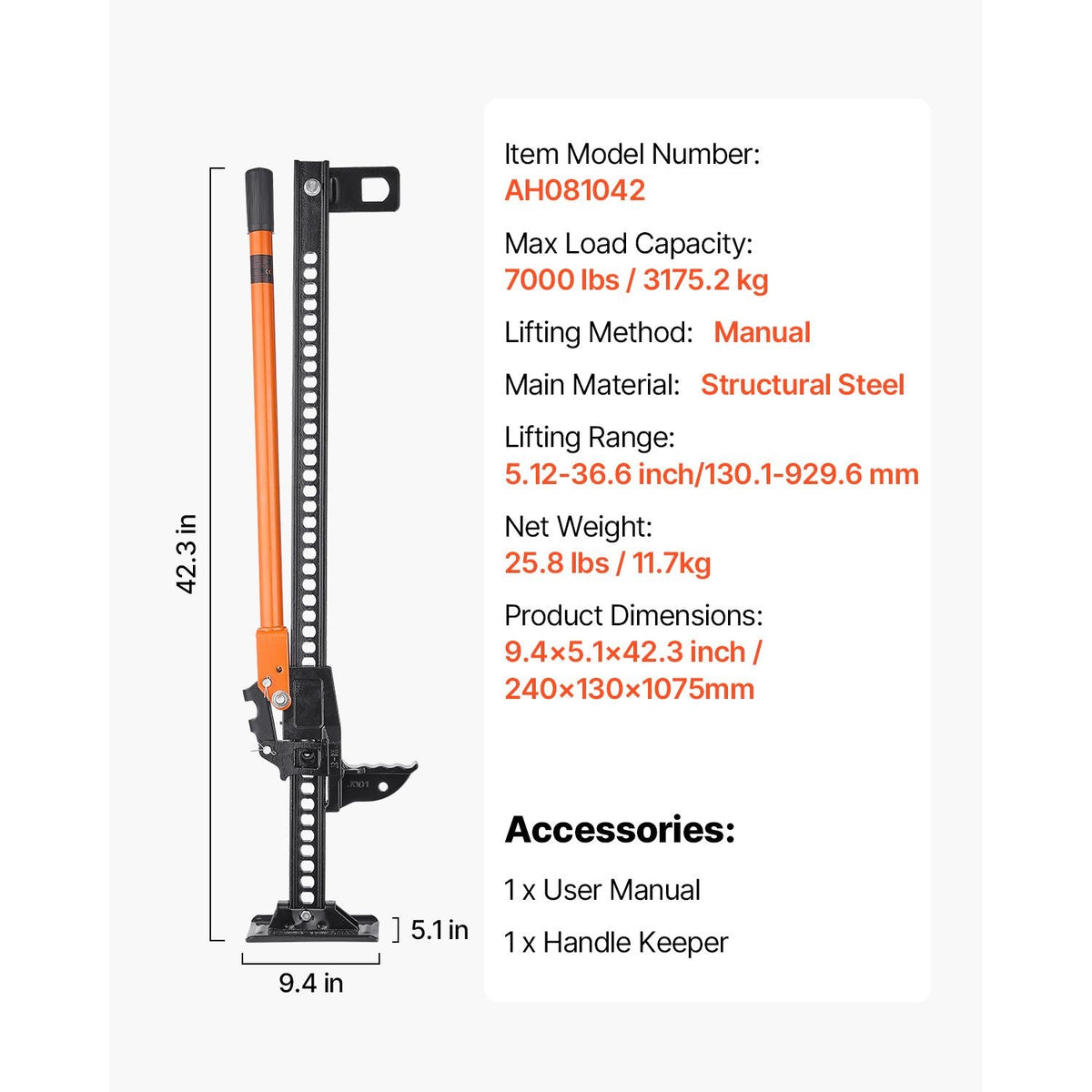Farm Jack, 42" Utility High Lift Farm Jack, 3.18 Ton (7,000 lbs) Capacity Ratcheting Off Road Utility Jacks, Heavy-Duty Lift Jacks with 5.12"-36.6" Lifting Range for Tractor, Truck, SUV