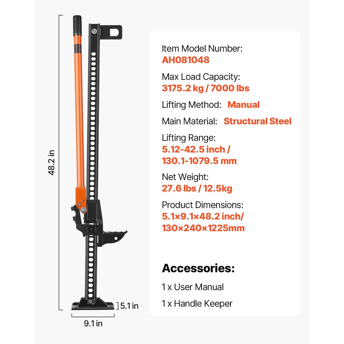 Farm Jack, 48" Utility High Lift Farm Jack, 3.18 Ton (7,000 lbs) Capacity Ratcheting Off Road Utility Jacks, Heavy-Duty Lift Jacks with 5.12"-42.5" Lifting Range for Tractor, Truck, SUV