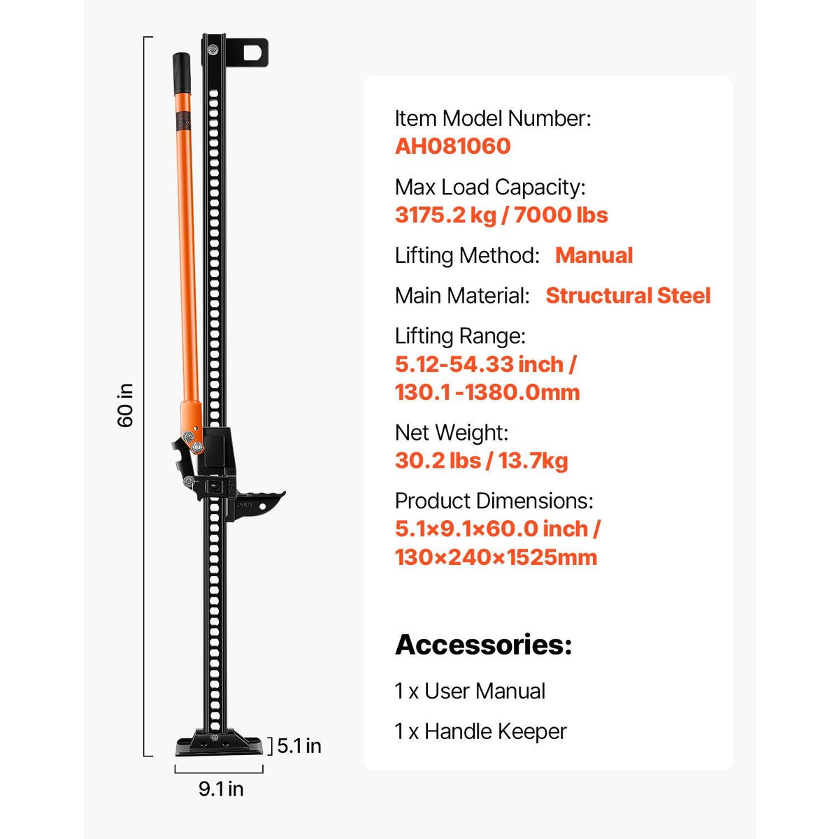 Farm Jack, 60" Utility High Lift Farm Jack, 3.18 Ton (7,000 lbs) Capacity Ratcheting Off Road Utility Jacks, Heavy-Duty Lift Jacks with 5.12"-54.33" Lifting Range for Tractor, Truck, SUV