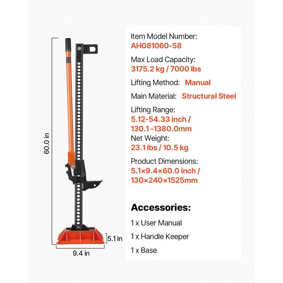 Farm Jack with Base, 60" Utility High Lift Farm Jack, 3.18 Ton (7,000 lbs) Capacity Ratcheting Off Road Utility Jacks, Heavy-Duty Lift Jacks with 5.12"-54.33" Lifting Range for Tractor, Truck
