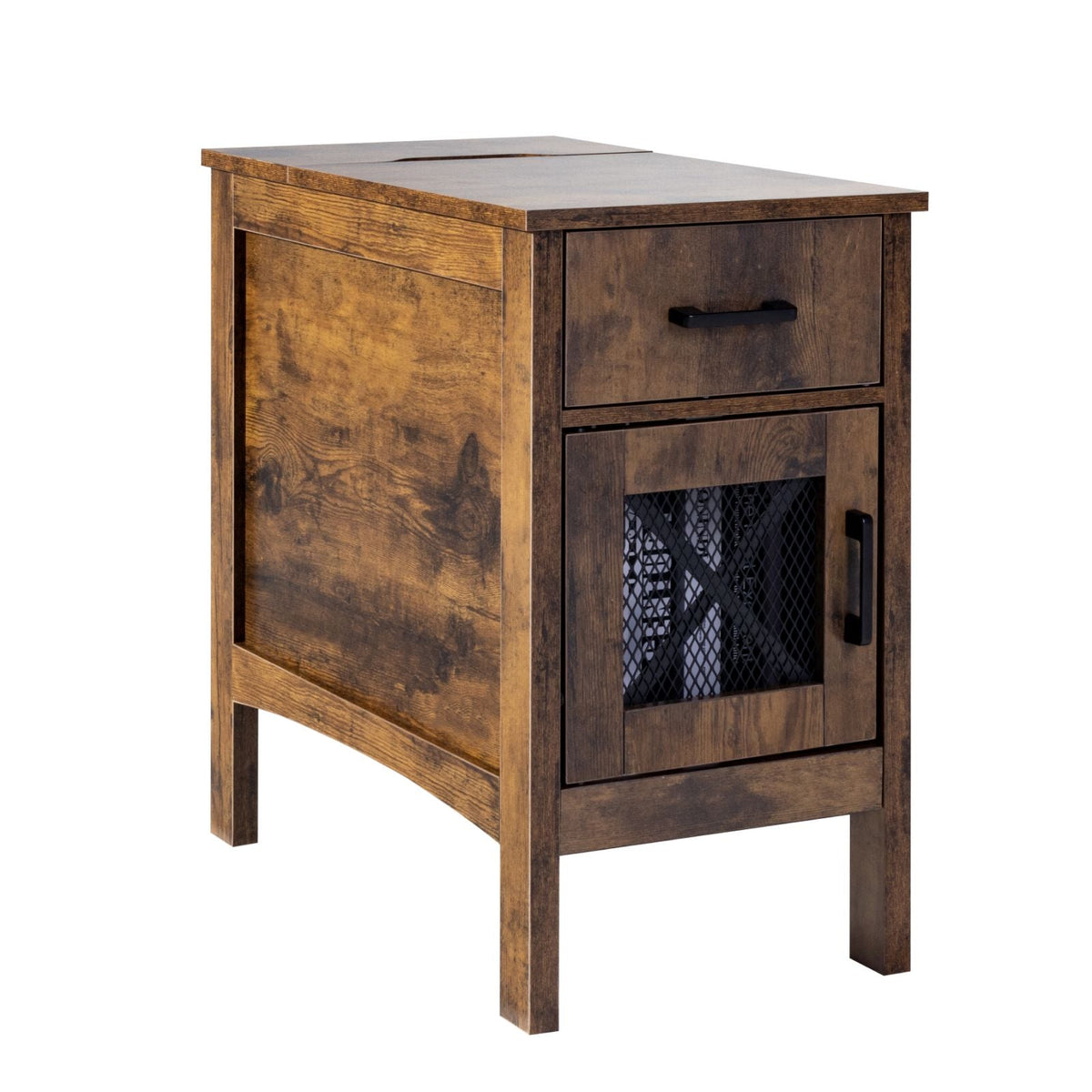 Farmhouse End Table, Nightstand with Charging Station, 3 Tiers End Table with Storage Cabinet and 1 Drawer, Side Table with USB Ports and Outlets, Ideal for Living Room, Bedroom, Burlywood