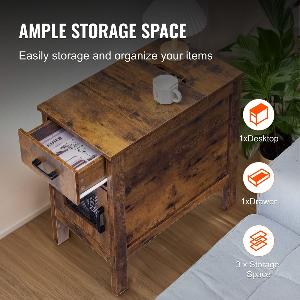 Farmhouse End Table, Nightstand with Charging Station, 3 Tiers End Table with Storage Cabinet and 1 Drawer, Side Table with USB Ports and Outlets, Ideal for Living Room, Bedroom, Burlywood