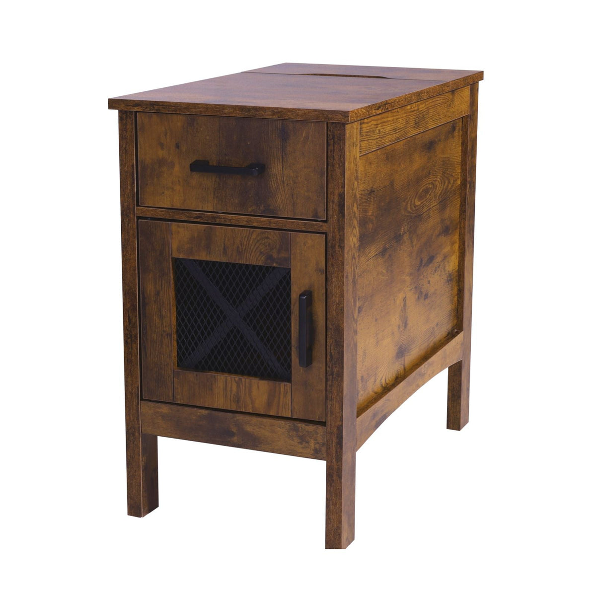 Farmhouse End Table, Nightstand with Charging Station, 3 Tiers End Table with Storage Cabinet and 1 Drawer, Side Table with USB Ports and Outlets, Ideal for Living Room, Bedroom, Burlywood