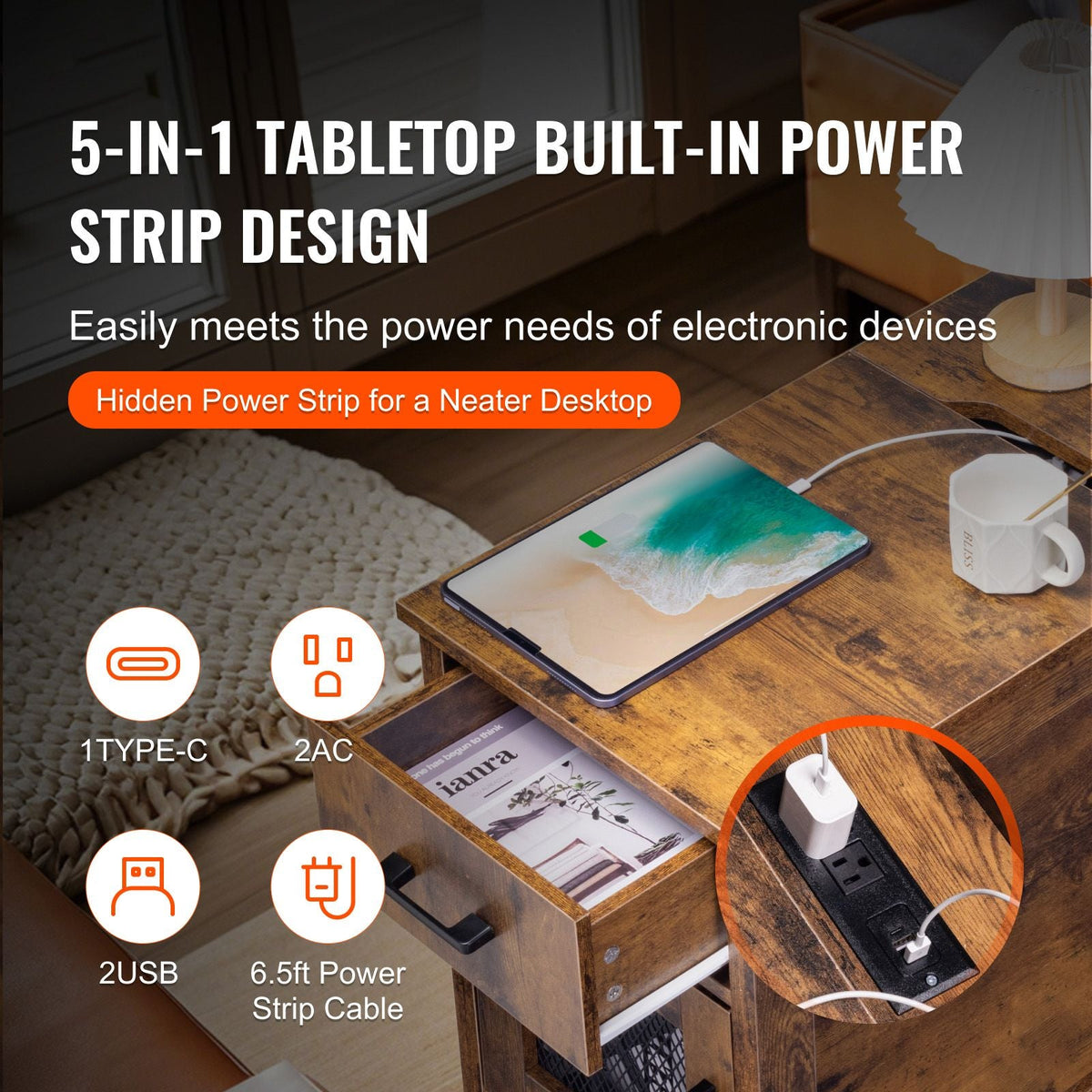 Farmhouse End Table, Nightstand with Charging Station, 3 Tiers End Table with Storage Cabinet and 1 Drawer, Side Table with USB Ports and Outlets, Ideal for Living Room, Bedroom, Burlywood