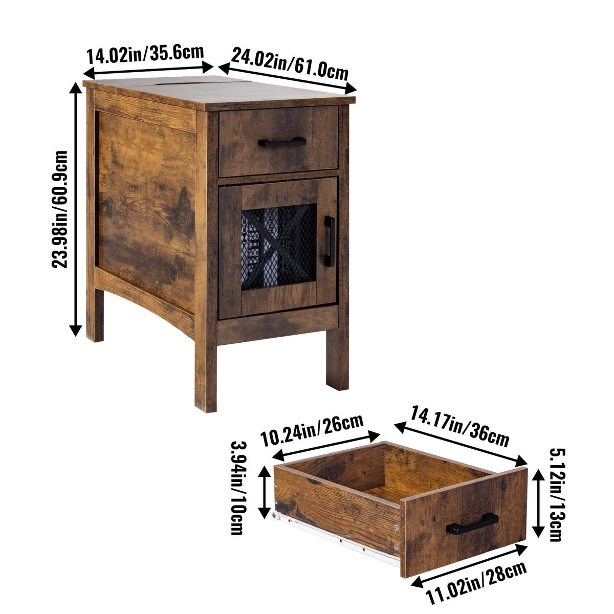 Farmhouse End Table, Nightstand with Charging Station, 3 Tiers End Table with Storage Cabinet and 1 Drawer, Side Table with USB Ports and Outlets, Ideal for Living Room, Bedroom, Burlywood