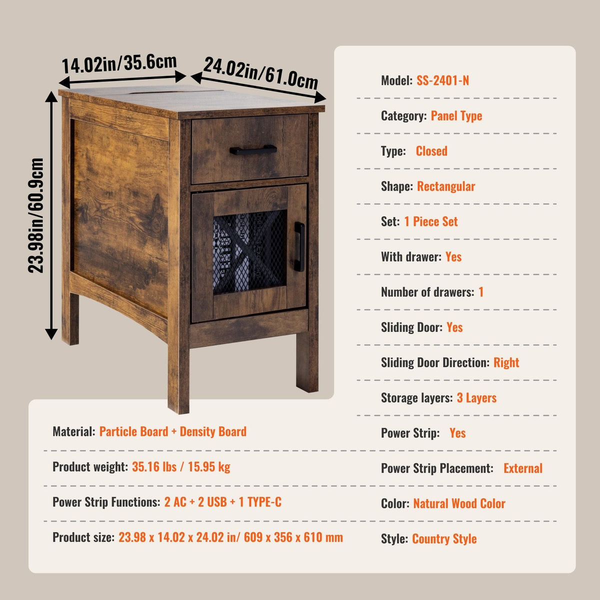 Farmhouse End Table, Nightstand with Charging Station, 3 Tiers End Table with Storage Cabinet and 1 Drawer, Side Table with USB Ports and Outlets, Ideal for Living Room, Bedroom, Burlywood