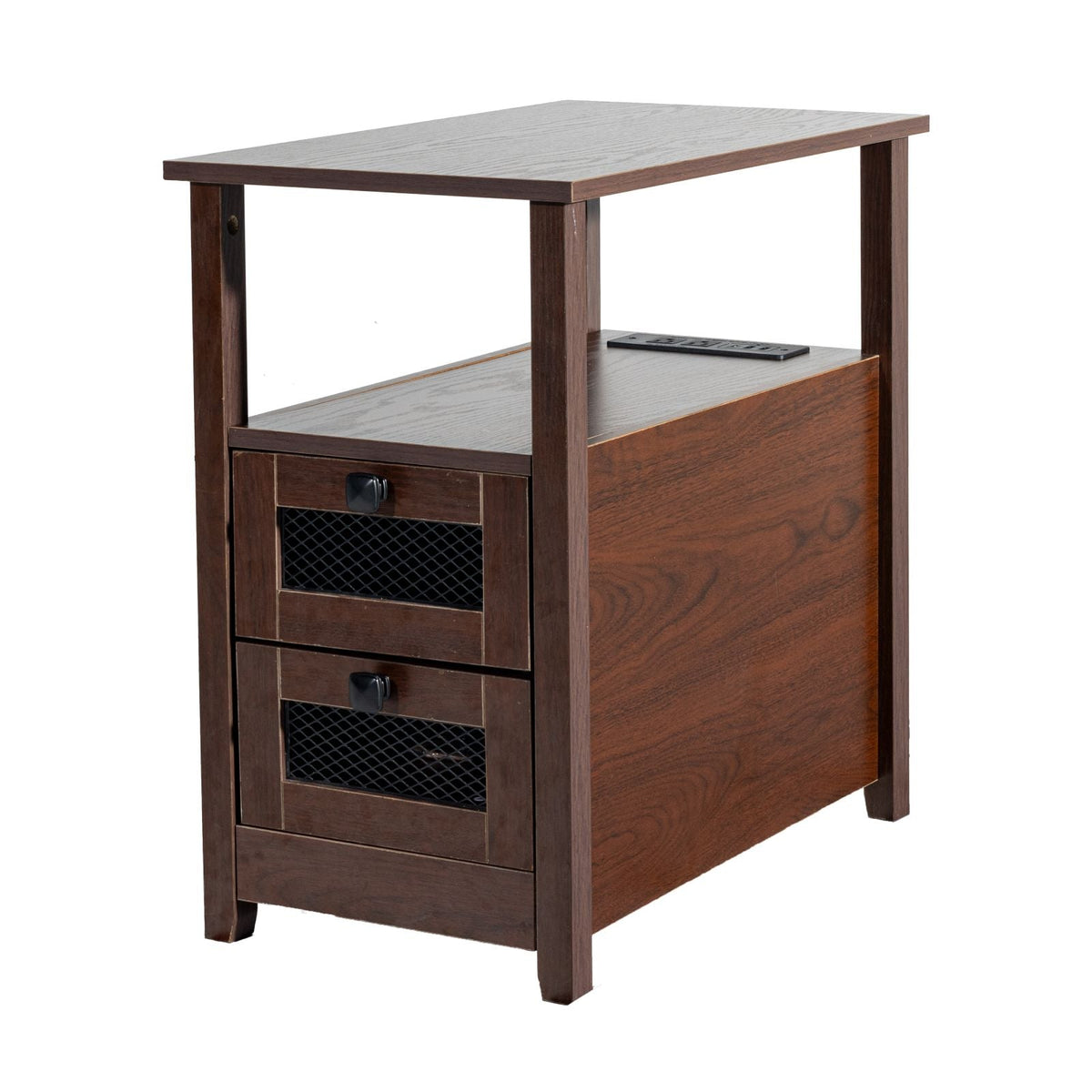 Farmhouse End Table, Nightstand with Charging Station, 4 Tiers End Table with Storage Cabinet and 2 Drawers, Side Table with USB Ports and Outlets, Ideal for Living Room, Bedroom, Brown