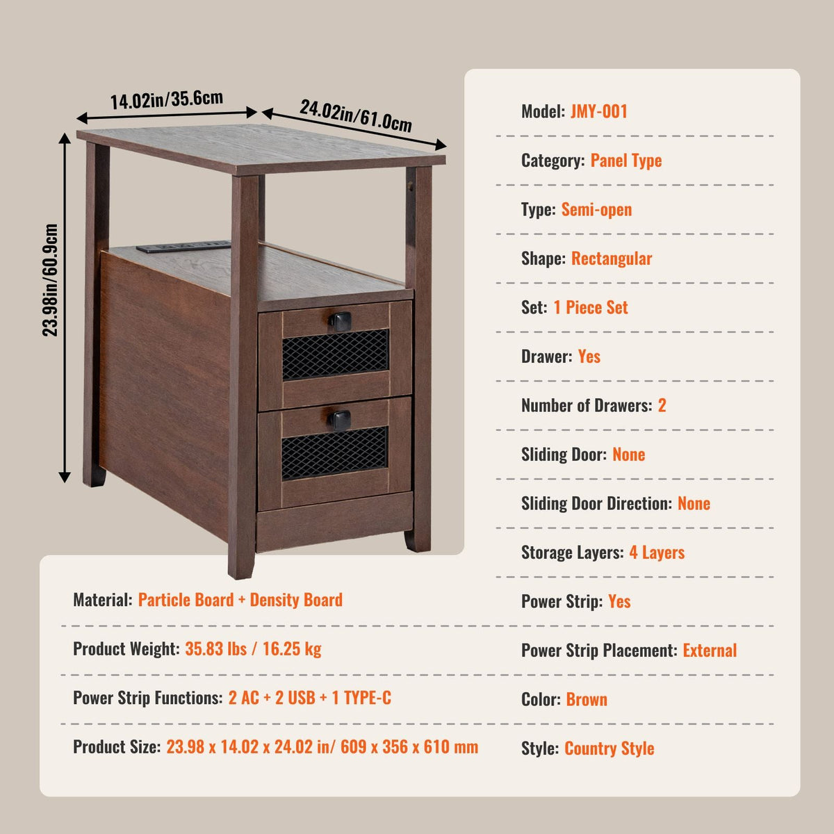 Farmhouse End Table, Nightstand with Charging Station, 4 Tiers End Table with Storage Cabinet and 2 Drawers, Side Table with USB Ports and Outlets, Ideal for Living Room, Bedroom, Brown