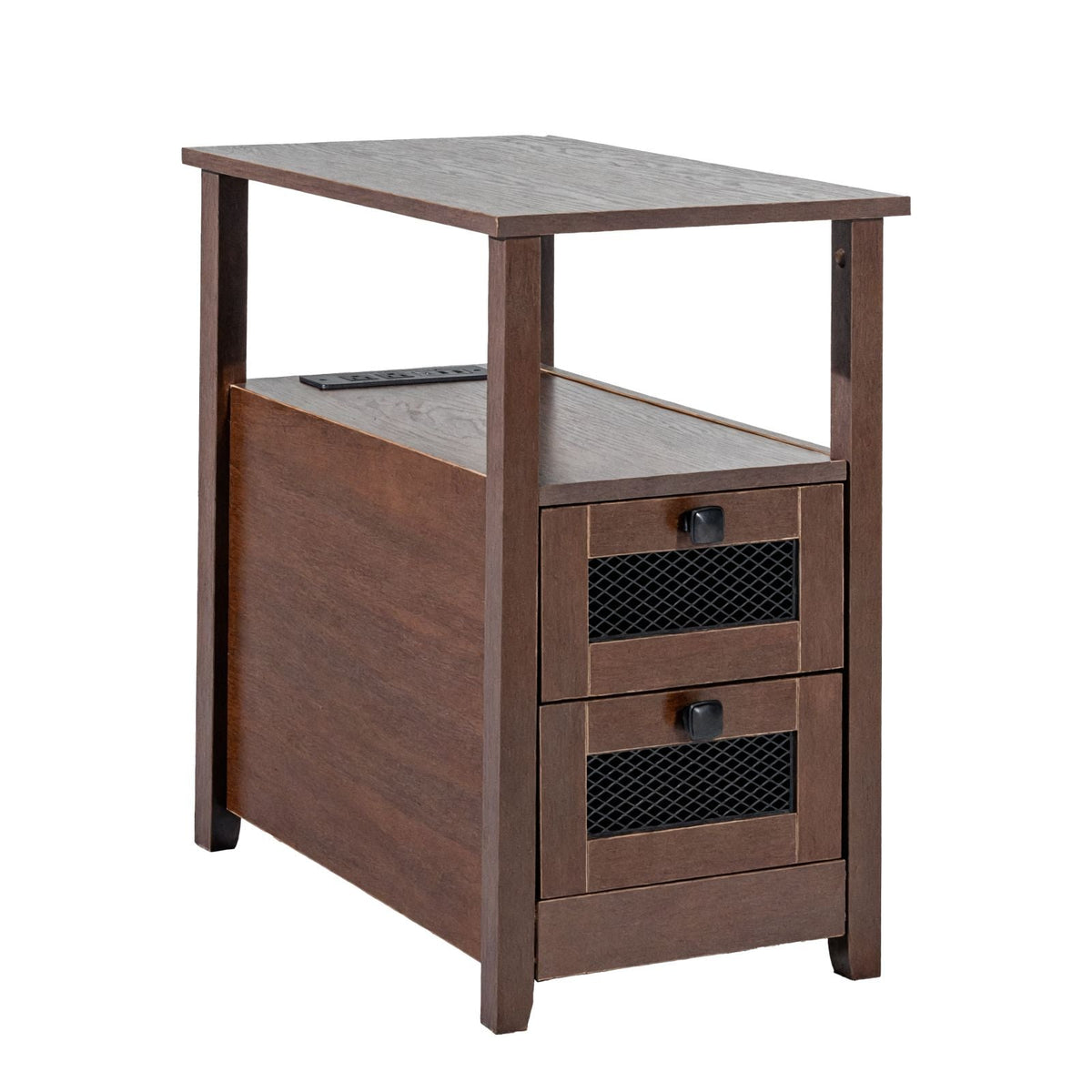 Farmhouse End Table, Nightstand with Charging Station, 4 Tiers End Table with Storage Cabinet and 2 Drawers, Side Table with USB Ports and Outlets, Ideal for Living Room, Bedroom, Brown
