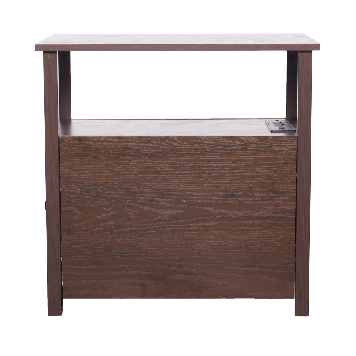 Farmhouse End Table, Nightstand with Charging Station, 4 Tiers End Table with Storage Cabinet and 2 Drawers, Side Table with USB Ports and Outlets, Ideal for Living Room, Bedroom, Brown