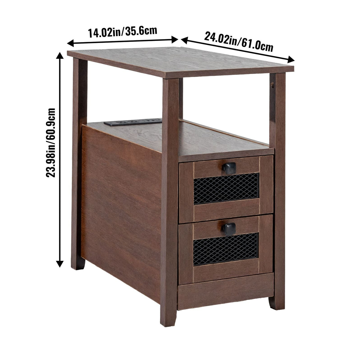 Farmhouse End Table, Nightstand with Charging Station, 4 Tiers End Table with Storage Cabinet and 2 Drawers, Side Table with USB Ports and Outlets, Ideal for Living Room, Bedroom, Brown